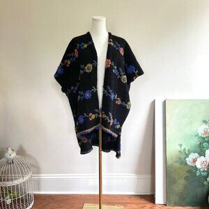 Italian Wool Blend 3D Floral Poncho Kimono Cape Oversized Boho Cottage Festival